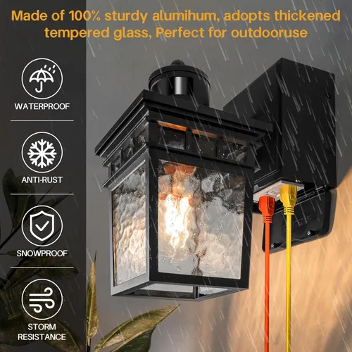 Miniatura 2 de Paquete de 2 Luces de Porche para Exteriores con Toma GFCI - 3 Modos de Iluminación Lámpara Exterior, Sensor de Movimiento de Anochecer a Amanecer