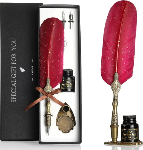 Miniatura 6 de VANGOAL - Juego de pluma fuente labrada estilo retro, lujosa, diseño de caligrafía con tinta, 2 puntas de repuesto, base de soporte para pluma