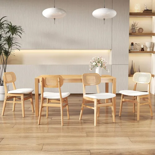 ROCITY Juego de 4 sillas de comedor de ratán, sillas de comedor de lana de cordero blanca, sillas de cocina de madera natural, sillas de granja para