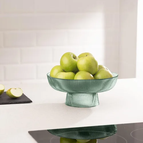 Miniatura 2 de Navaris Frutero de cristal – Plato decorativo estriado de color para centro de mesa – 10.2 pulgadas de diámetro cuenco teñido verde para aperitivos