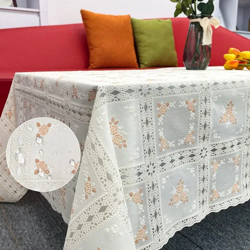 Miniatura 8 de Mantel de vinilo impermeable a prueba de aceite, mantel de encaje de plástico para mesa rectangular, decoración del hogar texturizada para fiestas