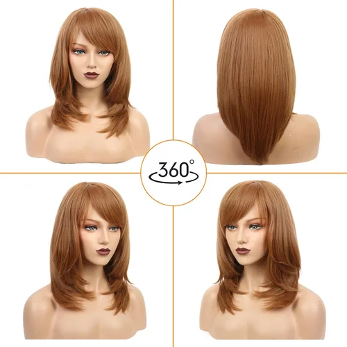 Miniatura 2 de Wiginway Peluca corta con flequillo oblicuo natural Yaki recta sintética para mujer, pelucas de color castaño oscuro, fibra natural resistente al