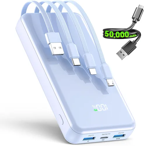 Miniatura 11 de Cargador portátil, cargador de batería de 50000 mAh, cable integrado, 22.5 W PD USB C de entrada y salida de carga rápida, batería externa con 6