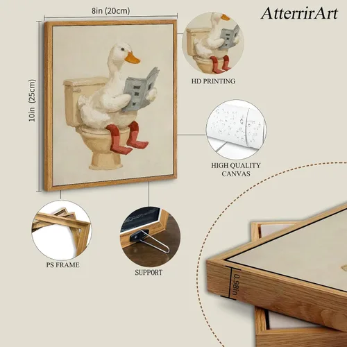 Miniatura 4 de AtterrirArt Divertido arte de pared enmarcado para baño, 8 x 10 pulgadas, lindo pato en el inodoro, lectura de periódico, decoración de pared