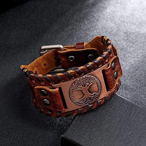Miniatura 3 de Brújula vikinga nórdica Vegvisir Fenrir Wolf Tree Of Life Yggdrasil Valknut Brown Pulsera de cuero vikingo