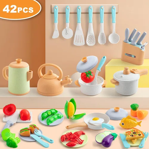 Miniatura 5 de Accesorios de cocina de juguete para niños, 42 piezas de juego de cocina para niños pequeños, juego de cocina con ollas y sartenes a presión, juego