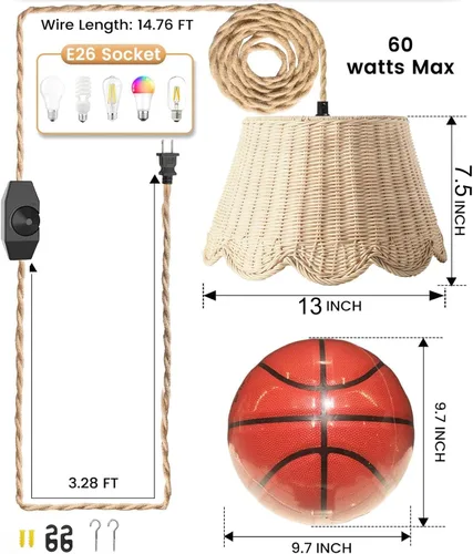 Miniatura 4 de Lámpara colgante enchufable con bordes ondulados, luces colgantes de ratán con cable enchufable de 15 pies de cuerda de cáñamo, interruptor