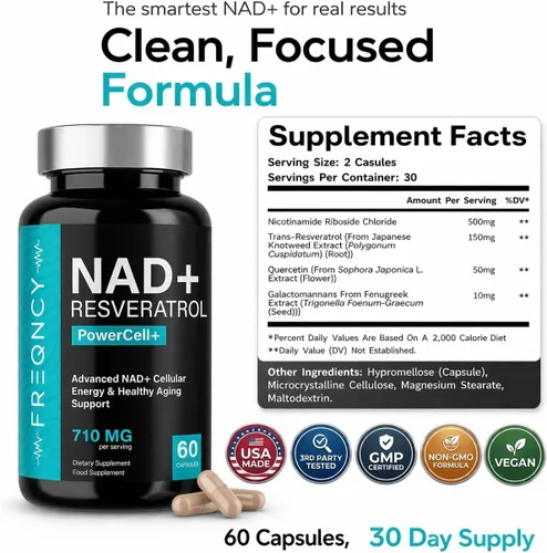 Miniatura 8 de FREQNCY Suplemento de resveratrol NAD+, 500 mg de ribósido de nicotinamida pura (NR), fórmula avanzada de NAD 4 en 1 para energía celular