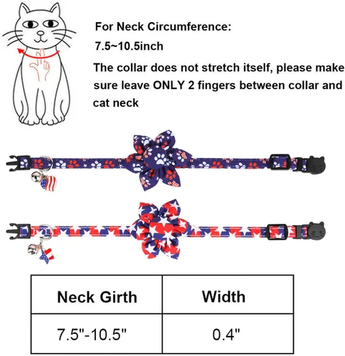Miniatura 6 de ADOGGYGO Collares de gato con bandera americana con campana de flor removible, ajustables, patrón de bandera del 4 de julio en rojo y azul, collares