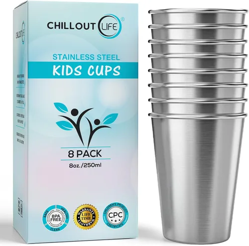 CHILLOUT LIFE Vasos de acero inoxidable para niños de 8 onzas, vasos de acero inoxidable para niños pequeños para actividades en el hogar y al aire