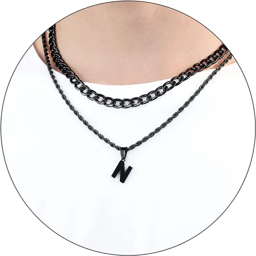 Miniatura 68 de SENRAN Collar con inicial en capas de la A a la Z para hombre, cadena de cuerda torcida de acero inoxidable de 18 a 20 pulgadas, dije de letra