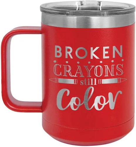 Taza de café de color rojo con tapa deslizante en la parte superior de la marca Broken Crayons Still, de 15 onzas, con aislamiento para viajes, idea