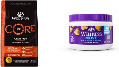 Wellness Paquete de alimentos y suplementos: CORE Alimento seco natural sin granos, pavo y pollo, bolsa de 4 libras para la salud de la cadera y las