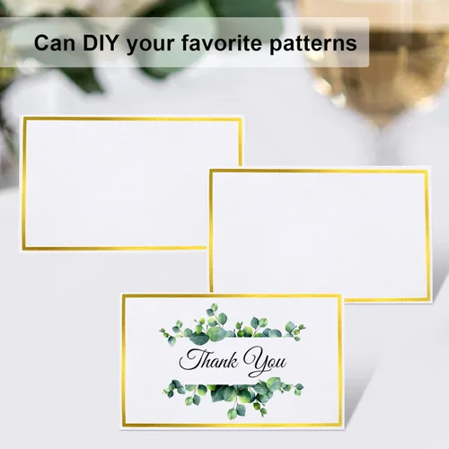 Miniatura 4 de 120 piezas de tarjetas de lugar, tarjeta de asiento de 2x3.5 pulgadas en blanco rellenable para banquete con marco de lámina dorada para mesa