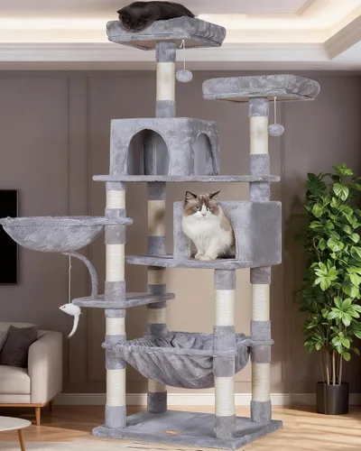 Miniatura 9 de Heybly Poste rascador para gatos, torre de árbol pequeño para gatos con 3 postes de sisal completos, cama de felpa extraíble, cepillo de aseo