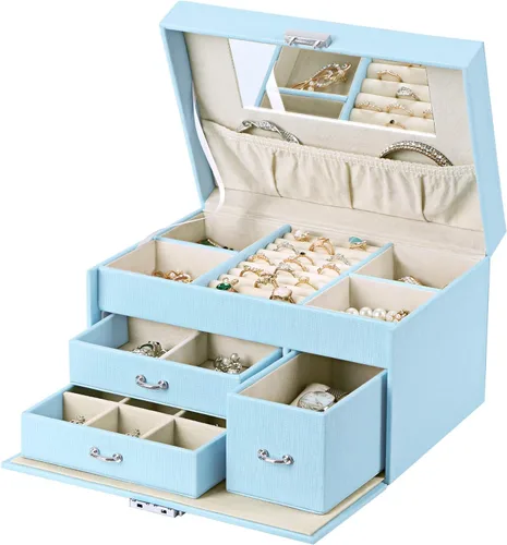 Miniatura 3 de BEWISHOME SSH78L - Joyero de 20 secciones para niñas, organizador de joyas con cerradura portátil para mujeres, niñas, niños, color azul