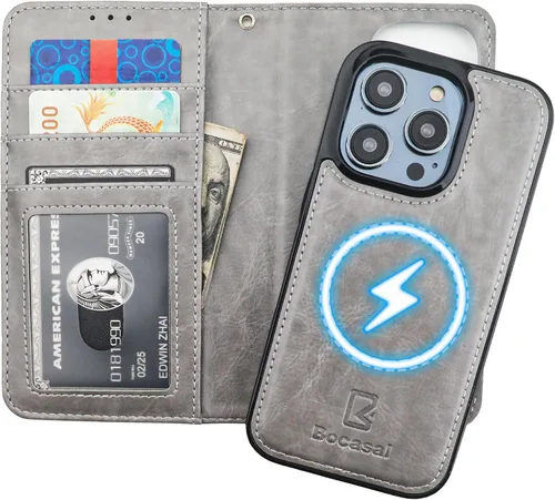 Miniatura 20 de Bocasal Funda tipo cartera desmontable para iPhone 14 Pro con bloqueo RFID, ranuras para tarjetas, soporte magnético de piel sintética de alta Negro