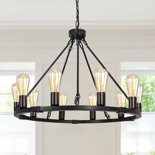Candelabro de 26.9 pulgadas con 10 luces de rueda de vagón, lámpara redonda de granja para techo alto, lámpara colgante industrial rústica para