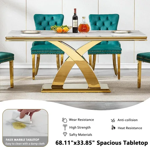 Miniatura 4 de Juego de mesa de comedor moderna de mármol sintético de oro blanco de 68 pulgadas para 6, juego de mesa rectangular de 7 piezas con patas de acero