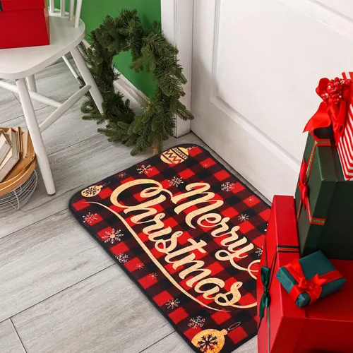 Miniatura 5 de Tinideya Tapete decorativo de Navidad para exteriores, tapete decorativo antideslizante de cuadros escoceses, tapete de bienvenida de Navidad