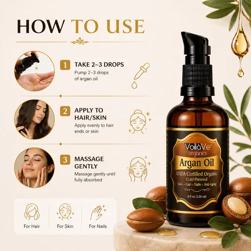 Miniatura 5 de Aceite de argán virgen orgánico Voilave USDA, 4 onzas líquidas Certificado orgánico USDA y ECOCERT, prensado en frío, botella con dispensador