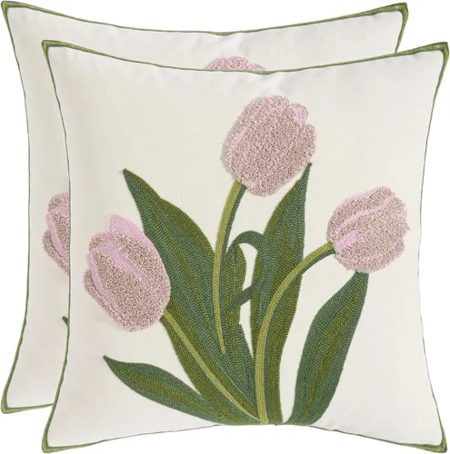 Miniatura 16 de Fundas de almohada bordadas de 16 x 16 pulgadas, paquete de 2 fundas de almohada de tulipán naranja con diseño floral de primavera, fundas
