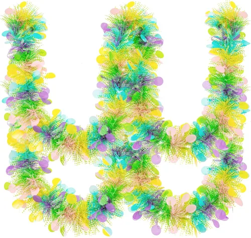 Guirnalda de oropel de Pascua de 33 pies con diseño de huevo de Pascua metálico con confeti, guirnalda colgante de primavera, decoración para árbol