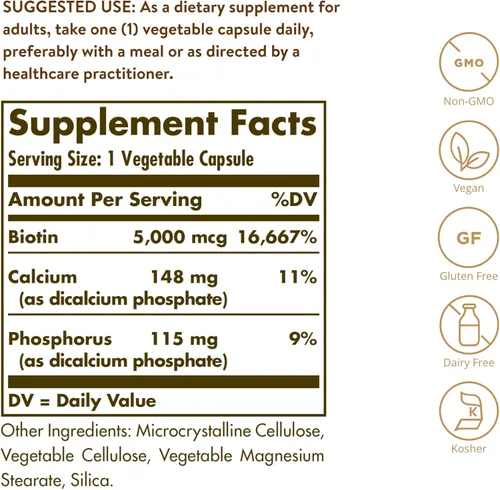 Miniatura 2 de Solgar Biotin 5000 mcg - Promueve la piel, las uñas y el cabello saludables - Apoya la producción de energía, proteínas, carbohidratos y metabolismo