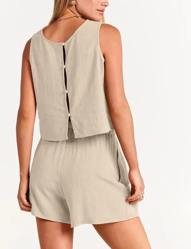 Miniatura 3 de GIVNUAN Conjunto de 2 piezas de lino con cuello cuadrado para mujer, conjunto de pantalones cortos a juego para la playa, verano 2023 a la moda