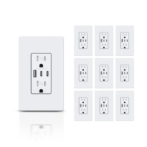 Miniatura 15 de TOPELER - Toma de corriente para montaje en pared con puertos USB 6.0A, dos tomas eléctricas de 20 amperios, tomas y puertos resistentes a la Negro
