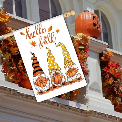 Miniatura 3 de Bandera de jardín de gnomos de Hello Fall para exteriores, bandera de calabaza de gnomos de otoño, banderas de otoño de 28 x 40 pulgadas, doble