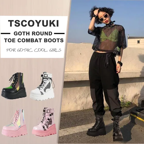 Miniatura 5 de Tscoyuki Botines de plataforma para mujer, botines de tacón alto gruesos, botas de combate góticas, botas de combate para mujer, con cordones, cuñas