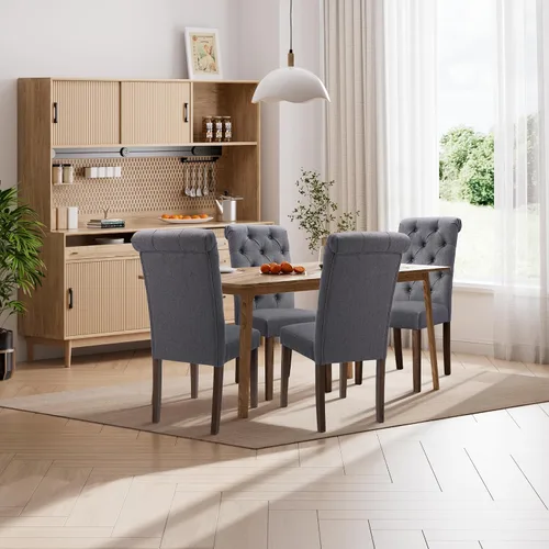 Miniatura 13 de Juego de 2 sillas de comedor, tapizadas Parsons con botones y patas de madera maciza, sillas de cocina de tela moderna para comedor, color beige