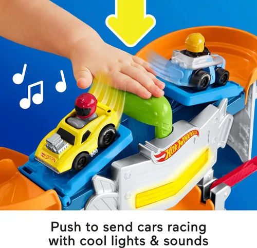 Miniatura 3 de Fisher-Price Little People Hot Wheels Set de Pista de Carreras y Juego de Vehículos para Niños Pequeños con Luces, Sonidos y 2 Autos para Juego