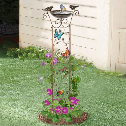 Miniatura 5 de SUNNYPARK Baño para pájaros con enrejado al aire libre, enrejado de hierro antiguo para jardín con mariposas decorativas, cuenco desmontable