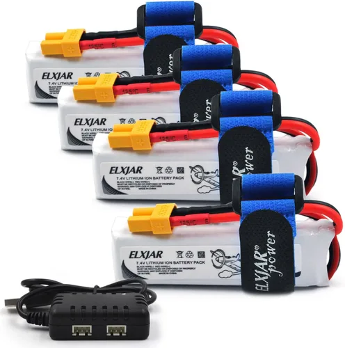 Paquete de 4 baterías LiPo de 7.4V 600mAh 45C 2S con enchufe XT30 y cargador 2 en 1 para WLtoys XK K130 Seis canales 3D Stunt RC Helicópteros Drones