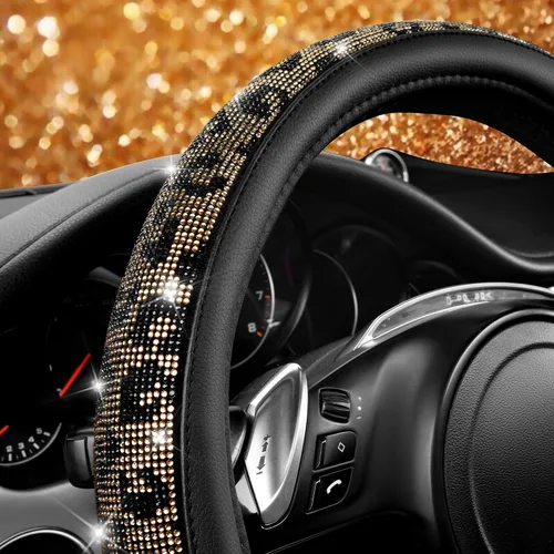 Miniatura 4 de CAR PASS - Funda de volante con diamantes brillantes de imitación y patrón de leopardo, con cristales de imitación brillantes para mujer