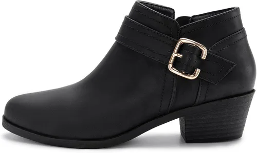 Miniatura 2 de Athlefit Botines gruesos de tacón bajo para mujer, botines clásicos con punta puntiaguda y cremallera lateral