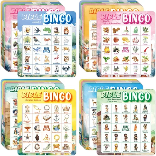Fancy Land Juego de bingo bíblico para vacaciones, escuela bíblica, juego de tarjetas de bingo religiosas para niños, iglesia dominical cristiana,