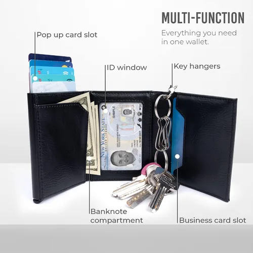 Miniatura 8 de Cartera para tarjetas de crédito, bolsillo frontal con bloqueo RFID, tarjetero con ranura para tarjetas emergentes, ventana de identificación