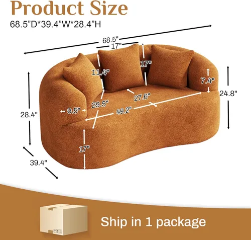 Miniatura 2 de Sofá biplaza de 68.5 pulgadas para sala de estar, moderno sofá de felpa de felpa extra profundo curvado con 3 almohadas para espacios pequeños,