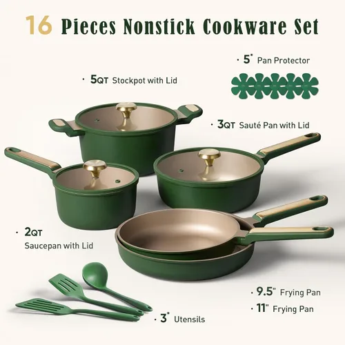 Miniatura 2 de CAROTE Juego de ollas y sartenes antiadherentes, juego de utensilios de cocina, 16 piezas antiadherentes, utensilios de cocina de inducción no Verde