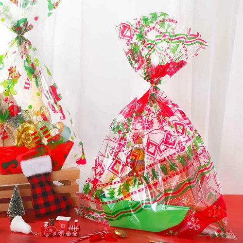 Miniatura 3 de Cholemy 30 Piezas Bolsas Grandes de Celofán para Canastas de Regalos de Navidad 19.7" x 27.6" Bolsas Jumbo Transparentes Rojas Verdes de Plástico