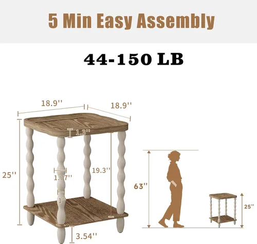 Miniatura 2 de karlott Mesa auxiliar, mesa auxiliar de granja de 2 niveles, mesa de noche de madera envejecida hecha a mano de 18.9 pulgadas, patas de pino, mesas