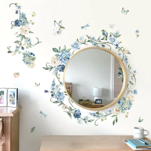 Miniatura 2 de wondever Calcomanías de pared con diseño de flores y vides, acuarela de rosas azules, calcomanías de arte de pared para dormitorio, sala de estar
