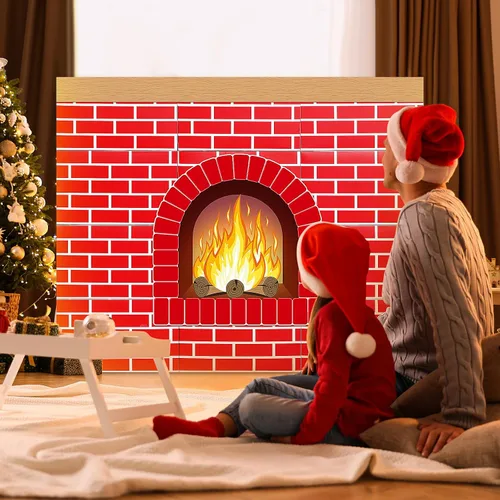 Miniatura 6 de Fullhawl 26 chimeneas de cartón de invierno 3D de 39 x 35 pulgadas, chimenea artificial de invierno con llama de fuego, recortes de grano de madera