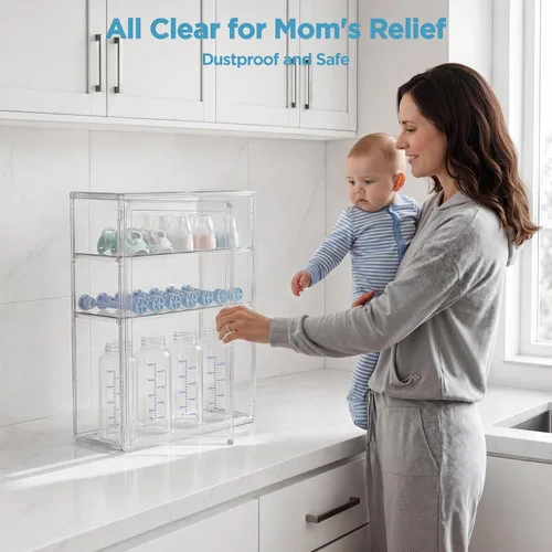 Miniatura 2 de HBlife Baby Bottle Storage Organizer for Countertop Cabinet, 3 Tiers Adjustable Clear Acrylic Bottles Storage Station Case Box Container with 2