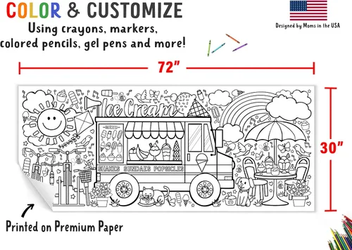 Miniatura 4 de Tiny Expressions Mantel para colorear de helado para niños, enrollado, sin arrugas, 30 x 72 pulgadas, póster grande para colorear para fiestas