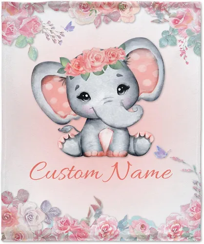 Miniatura 16 de Manta personalizada de elefante azul floral con nombre para niñas, manta con nombre personalizado para niños pequeños, regalos personalizados