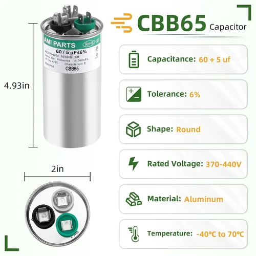 Miniatura 2 de AMI PARTS 60+5 MFD 60/5 uF 370/440V CBB65 CBB65B Condensador redondo de doble ejecución Reemplazo para 97F9895 Z97F995, para bomba de calor